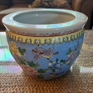 Blue Asian Floral Ceramic Planter Birds Pomegranates 6 3/4" x 9 1/2"